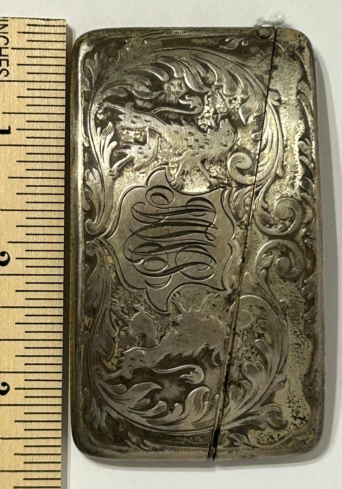 ANTIQUE CALLING CARD SILVER PLATE CASE WITH FANCY DESIGN