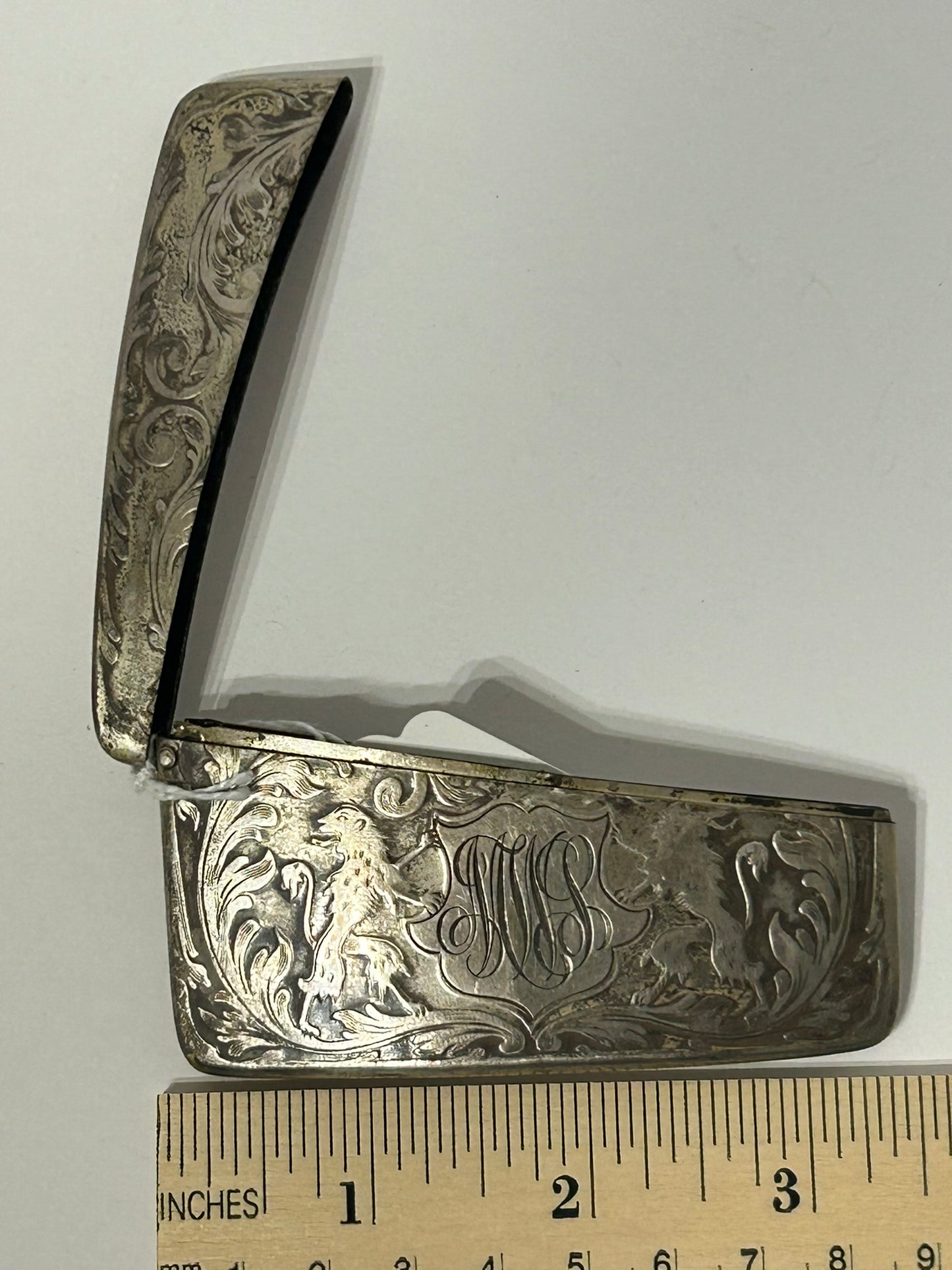 ANTIQUE CALLING CARD SILVER PLATE CASE WITH FANCY DESIGN