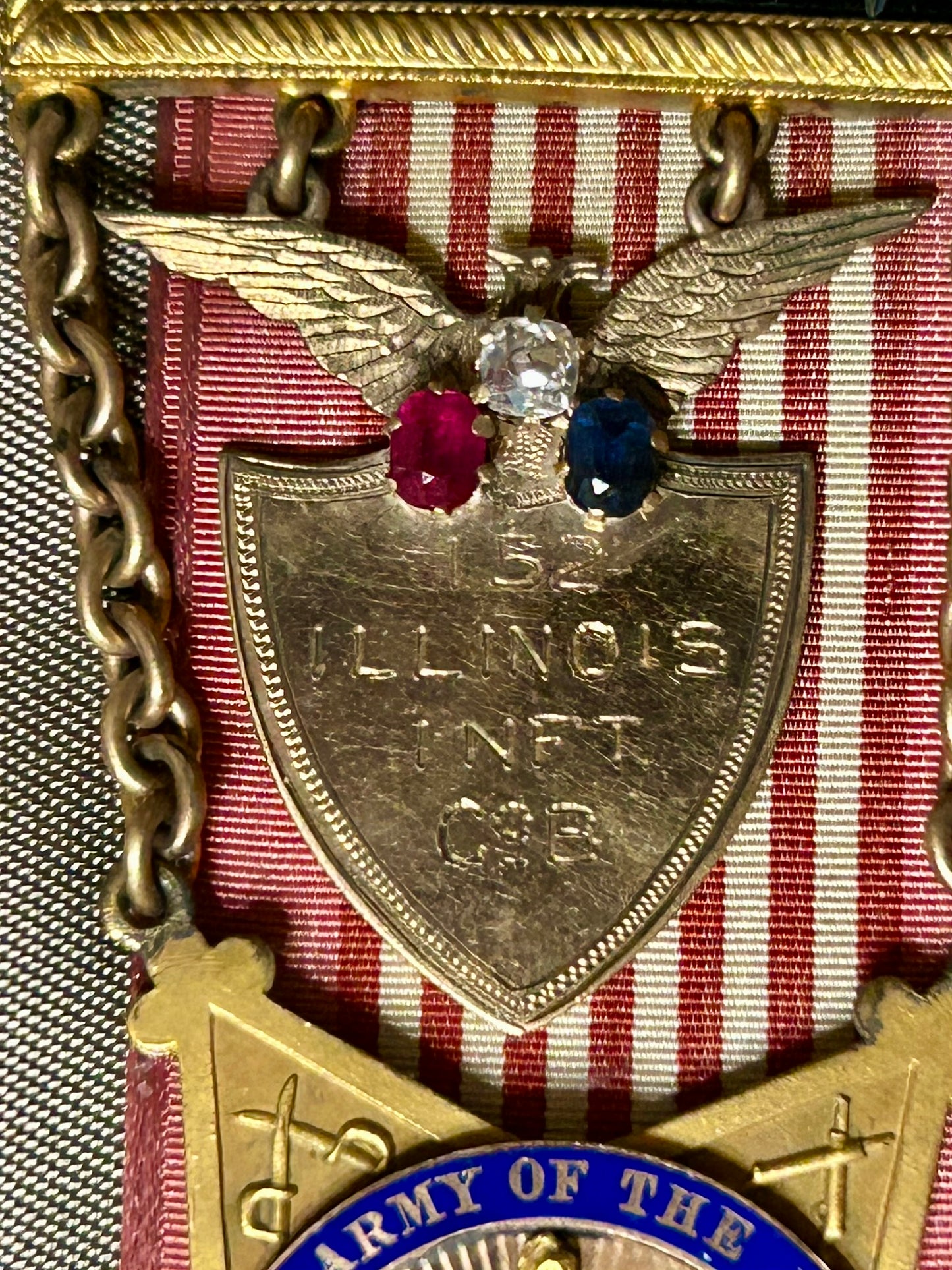 CIVIL WAR VETERANS RARE GOLD MEDAL WITH DIAMOND, RUBY, & SHAPPHIRE STONES