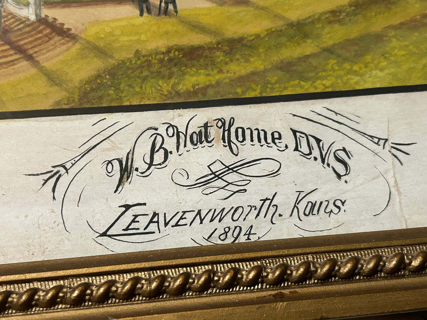 1894 DETAILED WATERCOLOR PAINTING OF GROUNDS OF LEAVENWORTH KANSAS VETERANS HOME