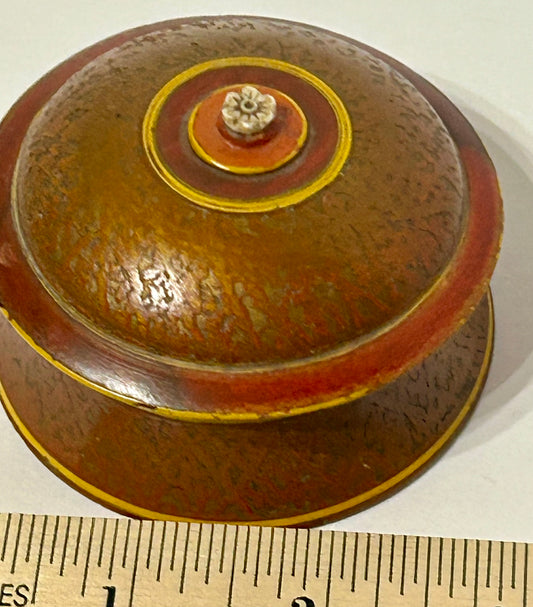 ANTIQUE ROUND DECORATED WOOD COVERED BOX WITH IVORY KNOB