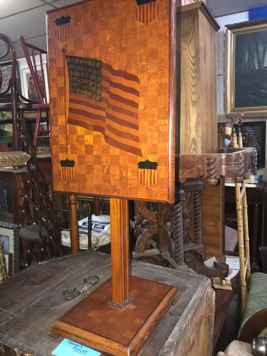 INLAID FOLK ART FLAG AND SHIELD DESIGN WOODEN TILT TOP TABLE