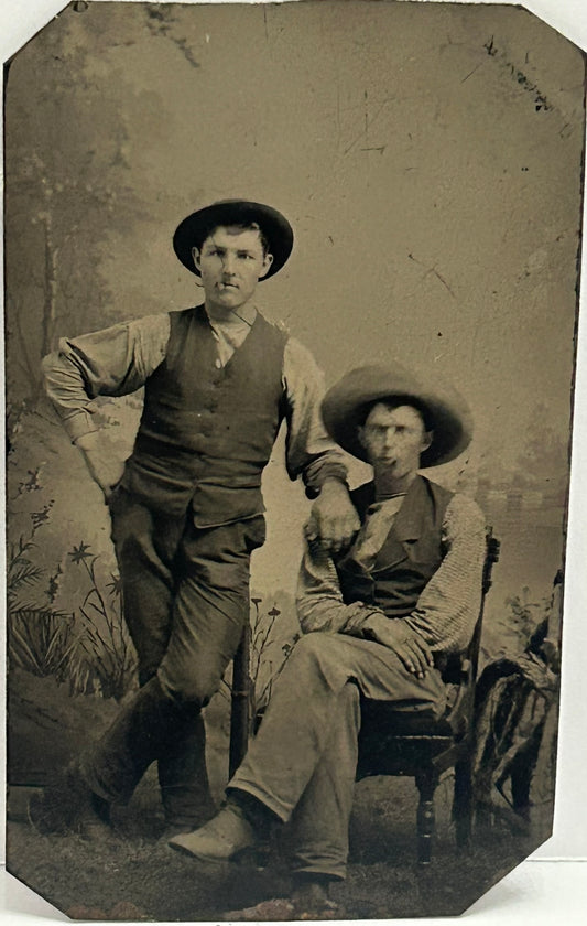 TINTYPE ANTIQUE PHOTO OF TWO COWBOYS SMOKING