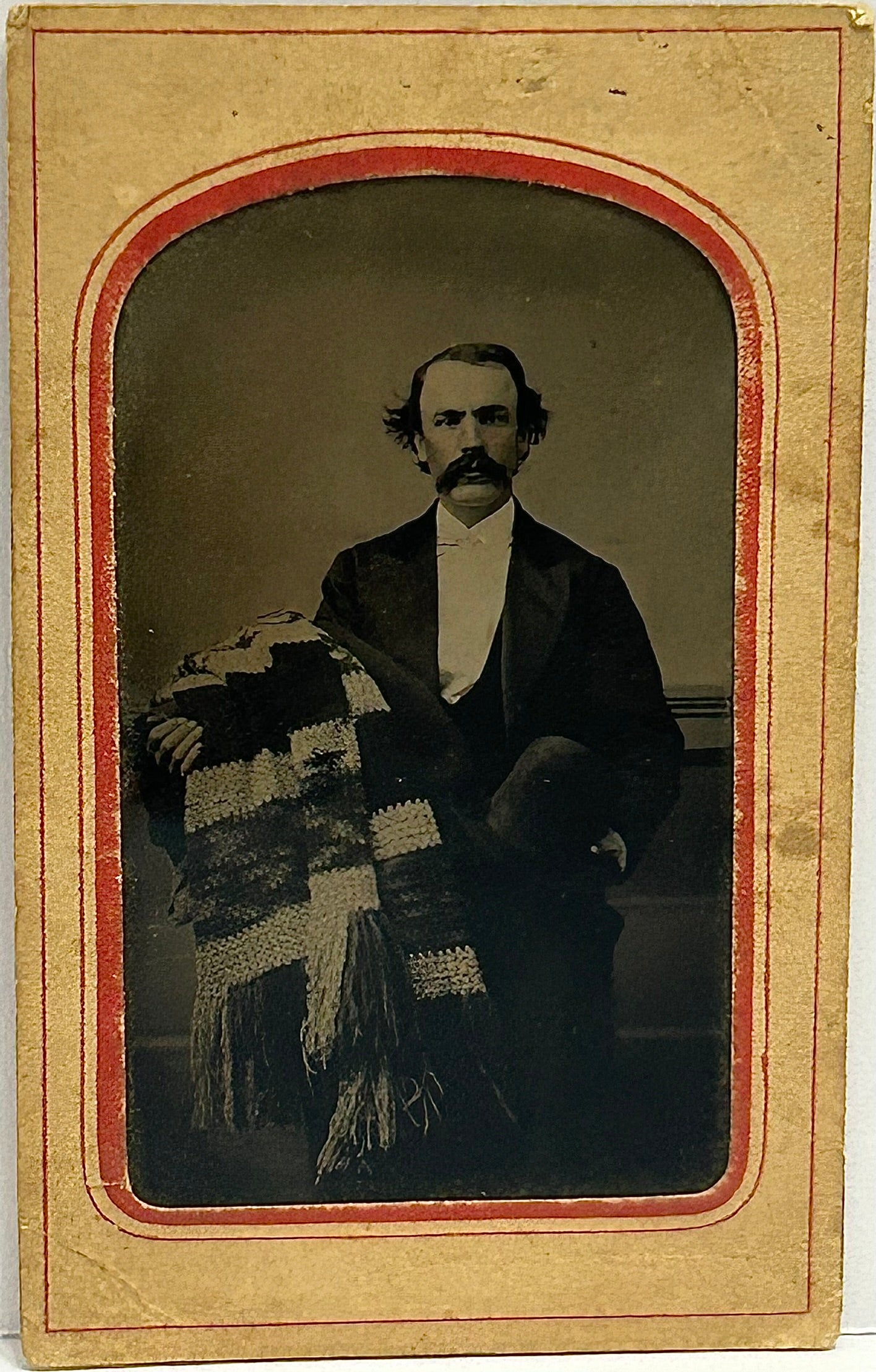 ANTIQUE TINTYPE PHOTO OF MAN WITH CROCHET BLANKET