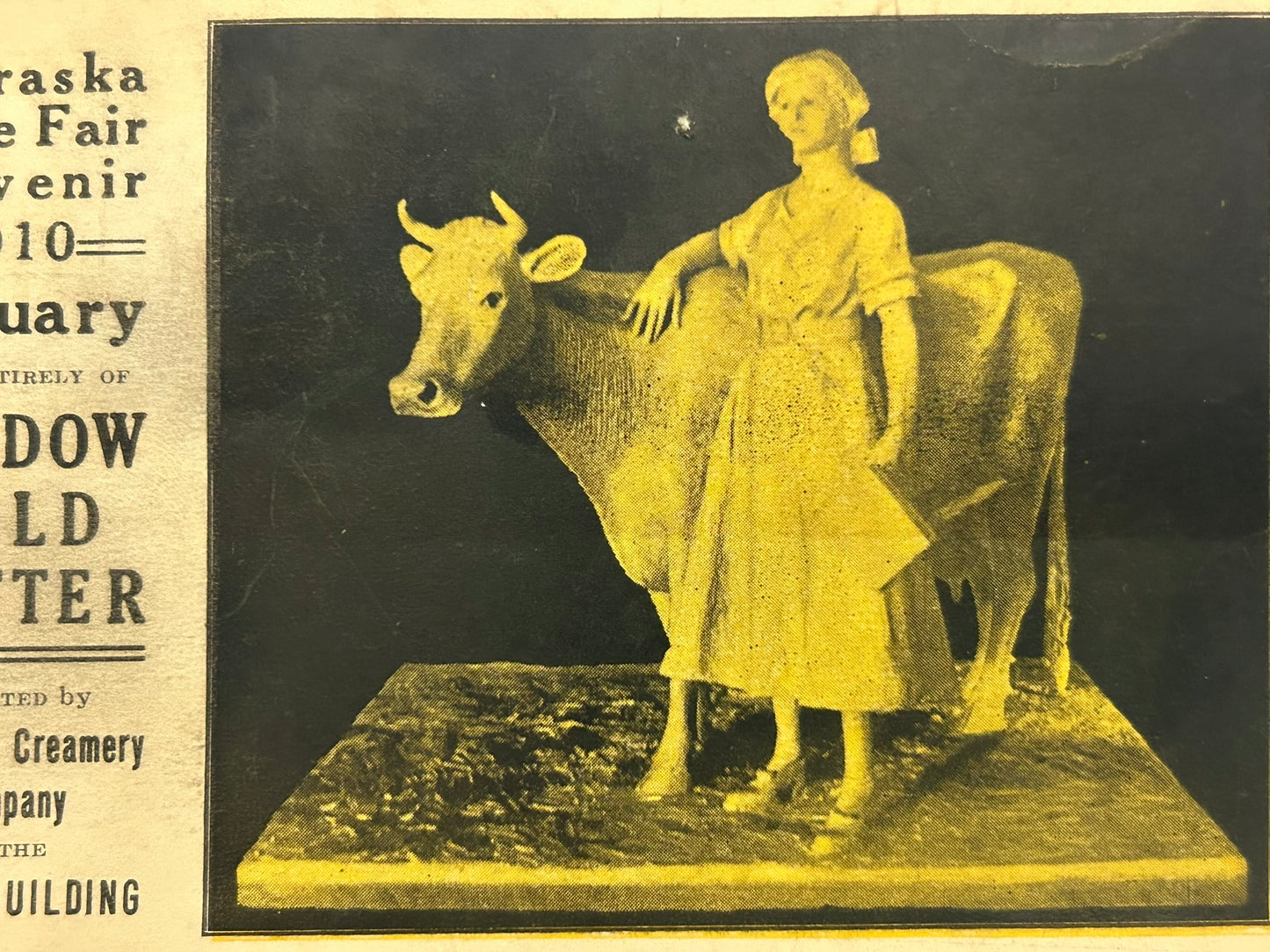 NEBRASKA STATE FAIR POSTCARD 1910 OF STATUE OF WOMAN AND COW MADE OF MEADOW GOLD BUTTER
