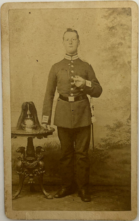 ANTIQUE CDV PHOTOGRAPH OF SOLDIER POSING WITH SPIKE HELMET