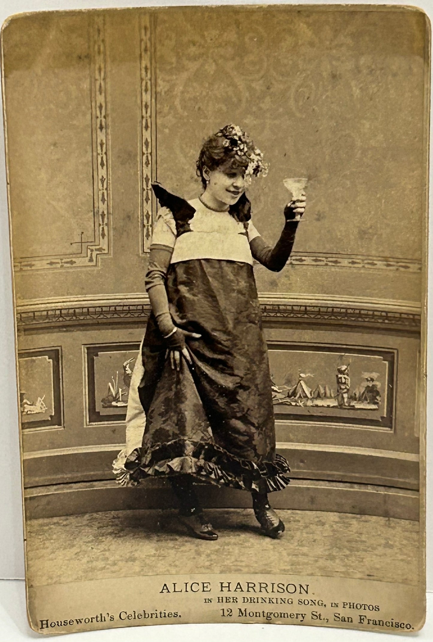 SAN FRANCISCO CABINET CARD ANTIQUE PHOTOGRAPH ALICE HARRISON IN HER DRINKING SONG
