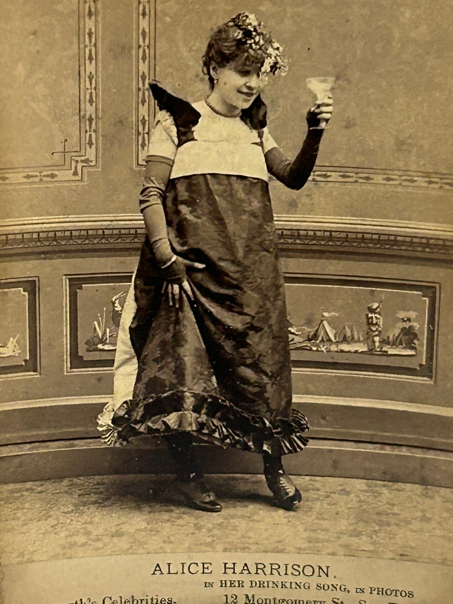 SAN FRANCISCO CABINET CARD ANTIQUE PHOTOGRAPH ALICE HARRISON IN HER DRINKING SONG