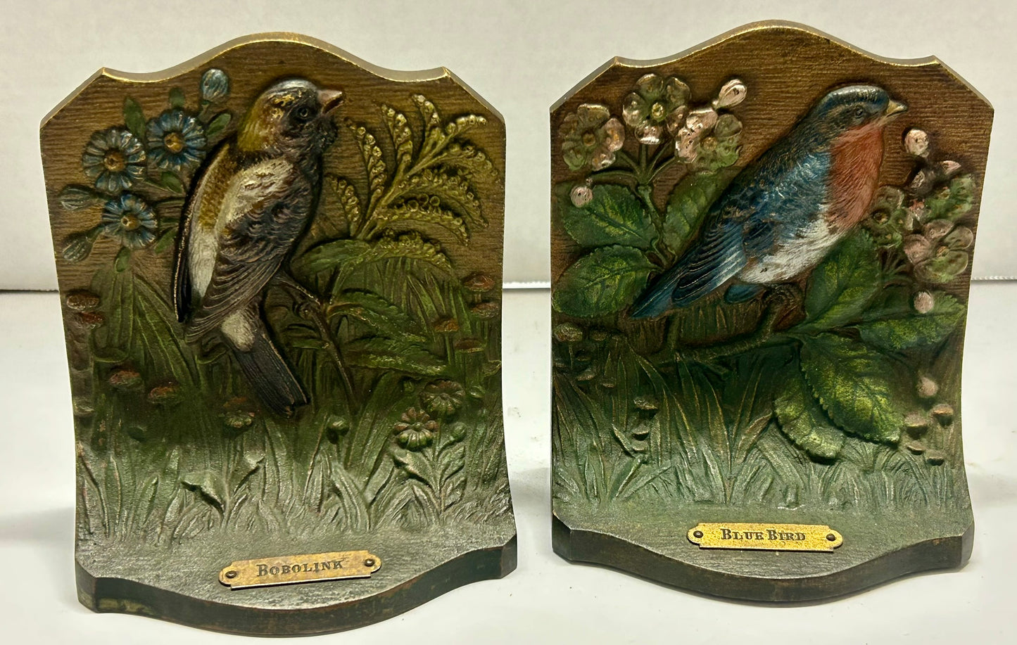 AUDUBON BIRD BOOKENDS BY BRADLEY AND HUBBARD OF BLUEBIRD AND BOBOLINK