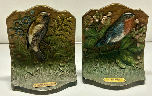 AUDUBON BIRD BOOKENDS BY BRADLEY AND HUBBARD OF BLUEBIRD AND BOBOLINK