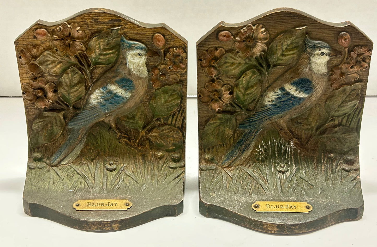 CAST IRON AUDUBON BRADLEY AND HUBBARD BLUE JAY BIRD BOOKENDS