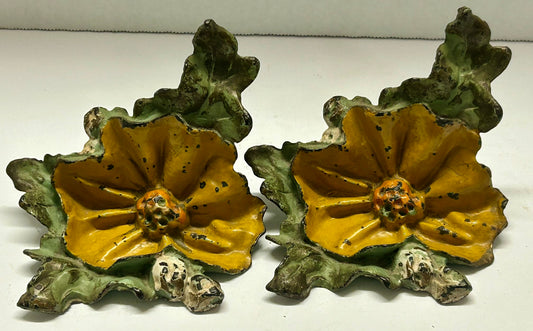 ANTIQUE CAST IRON YELLOW FLOWER BASKET BOOKENDS