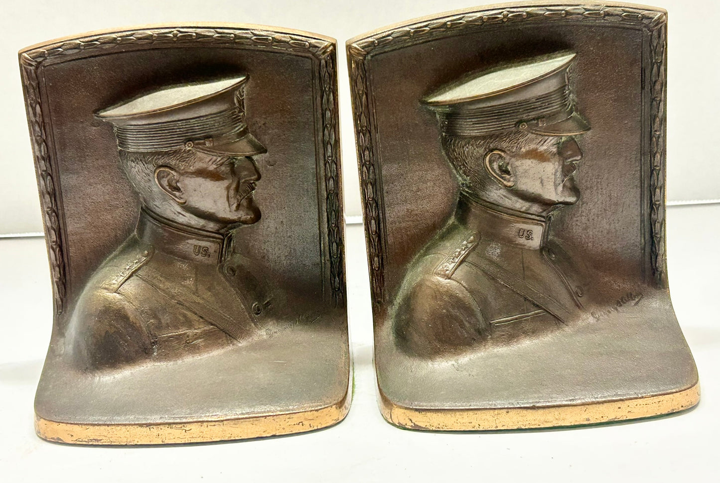 BOOKENDS OF GENERAL PERSHING IN BRONZE