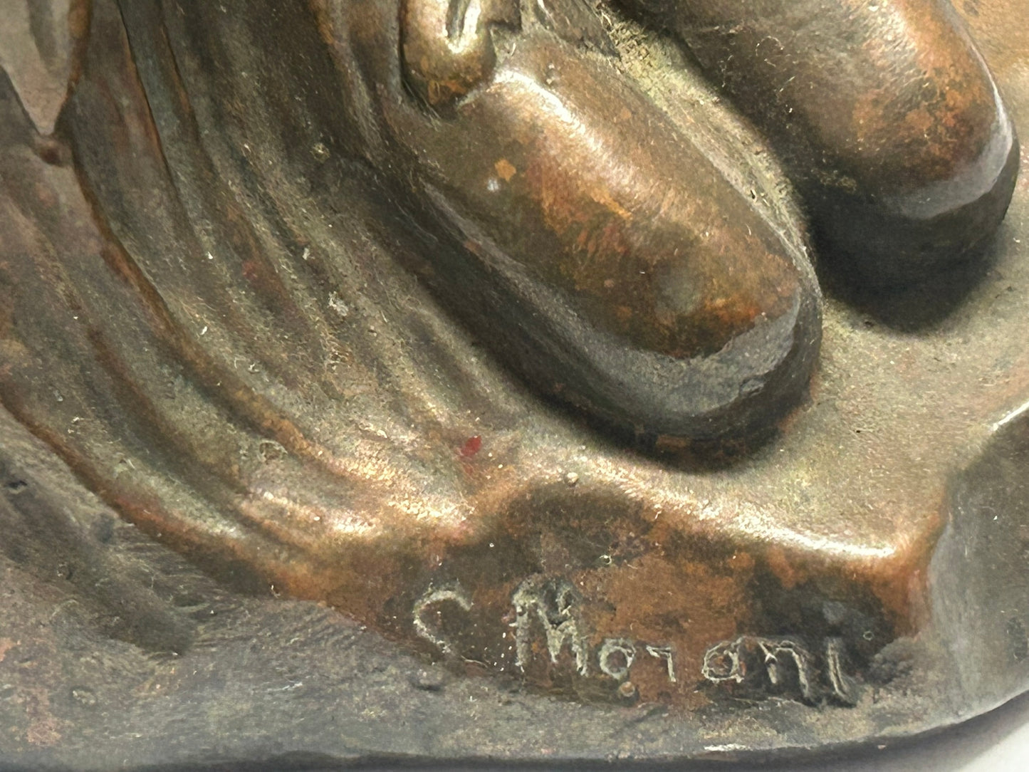 BRONZE CLAD BOOKENDS FIGURAL BOY WITH FROG SIGNED