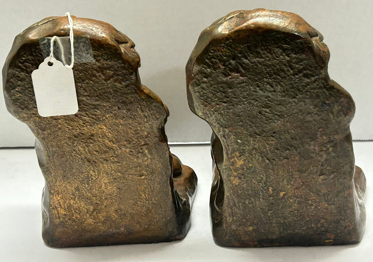 BRONZE CLAD BOOKENDS FIGURAL BOY WITH FROG SIGNED
