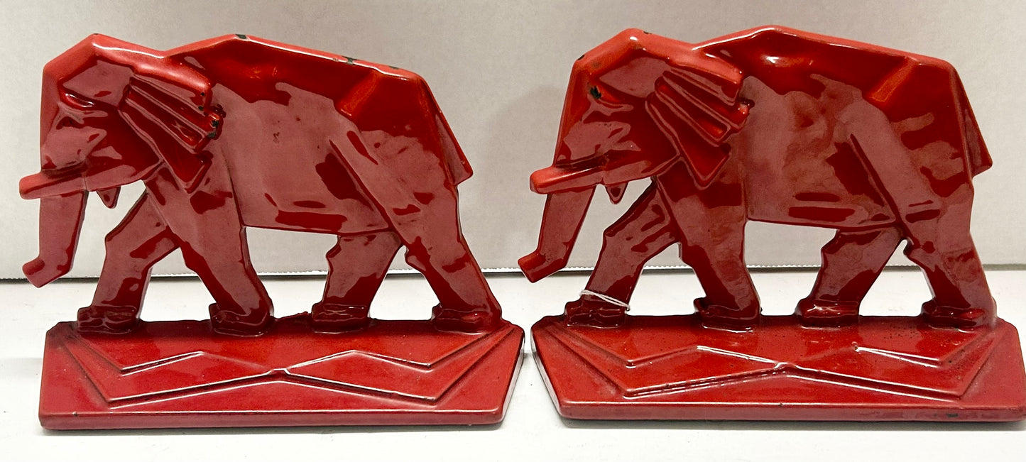 ELEPHANT IRON BOOKENDS WITH RED PORCELAIN ENAMEL FINISH