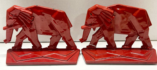 ELEPHANT IRON BOOKENDS WITH RED PORCELAIN ENAMEL FINISH