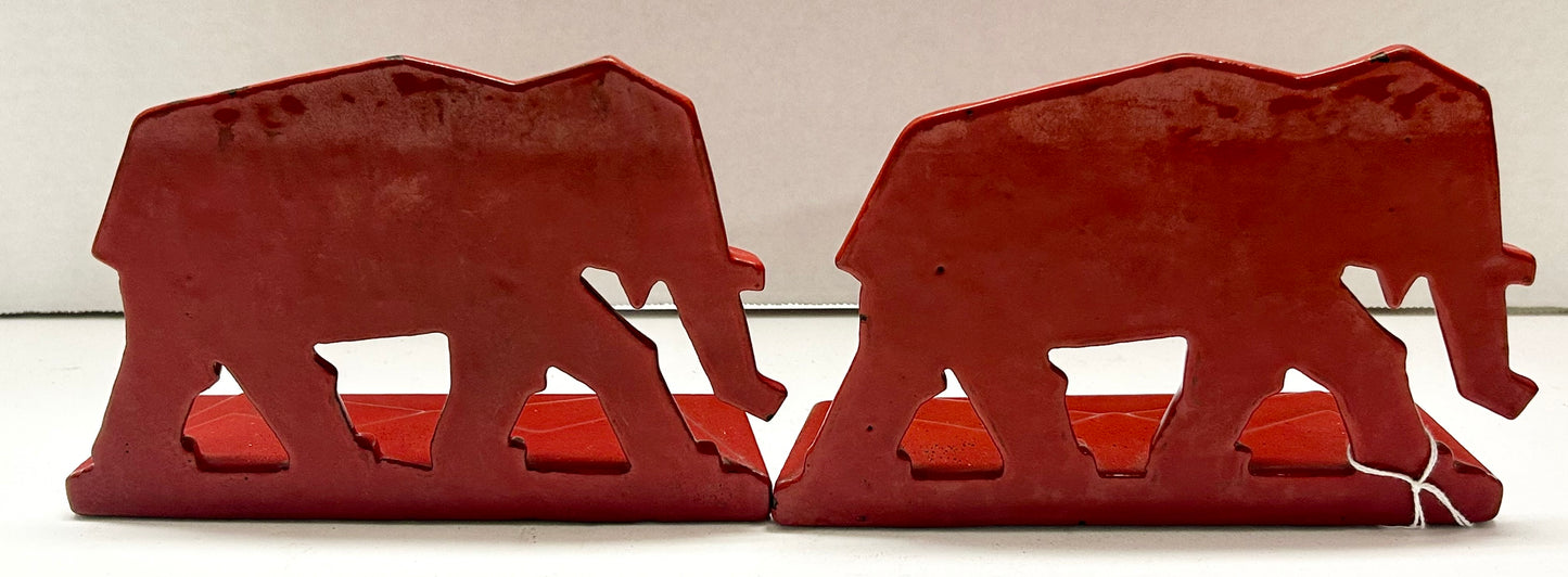 ELEPHANT IRON BOOKENDS WITH RED PORCELAIN ENAMEL FINISH