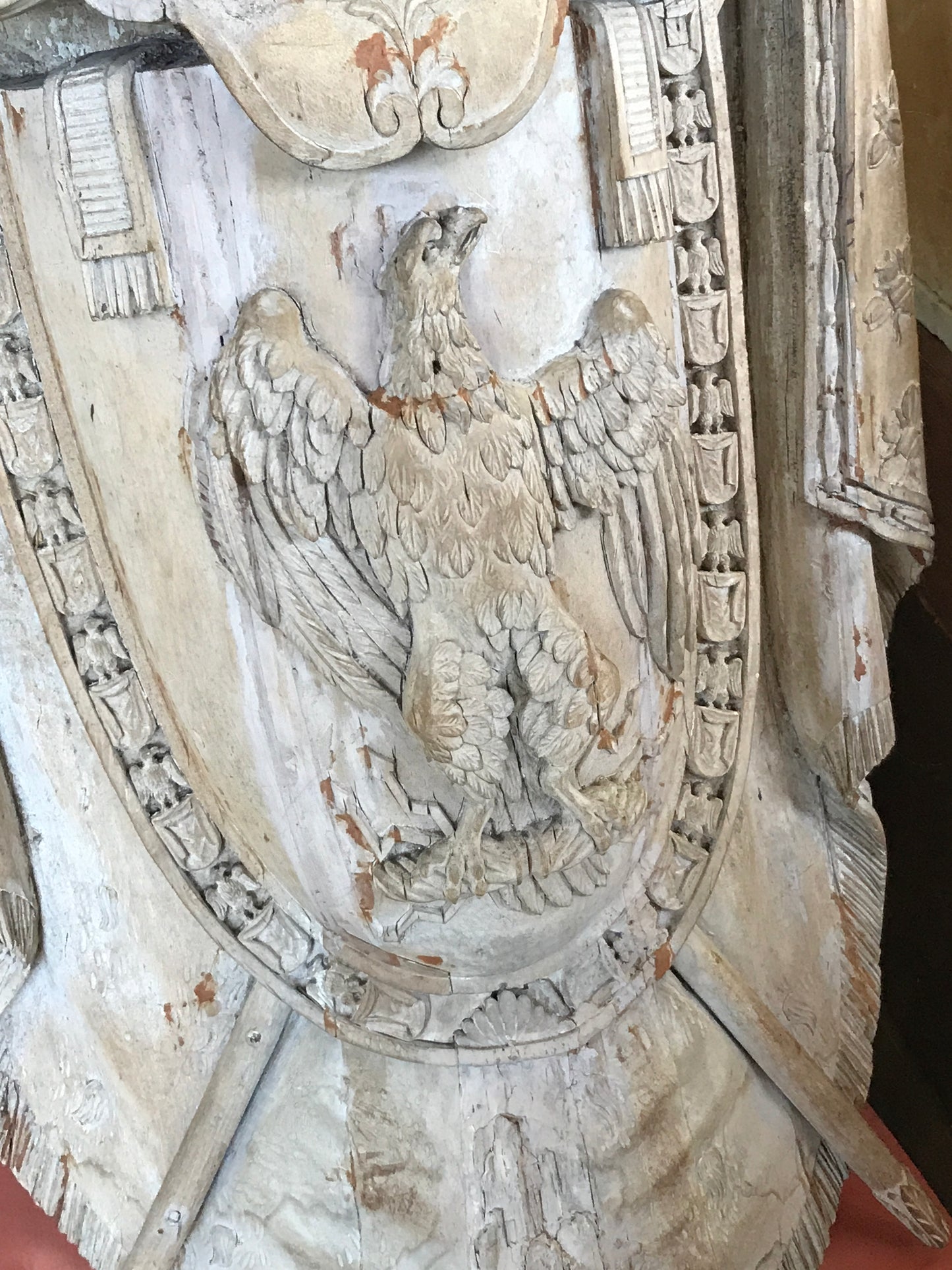 ANTIQUE CARVED WOOD NAPOLEANIC ERA COAT OF ARMS