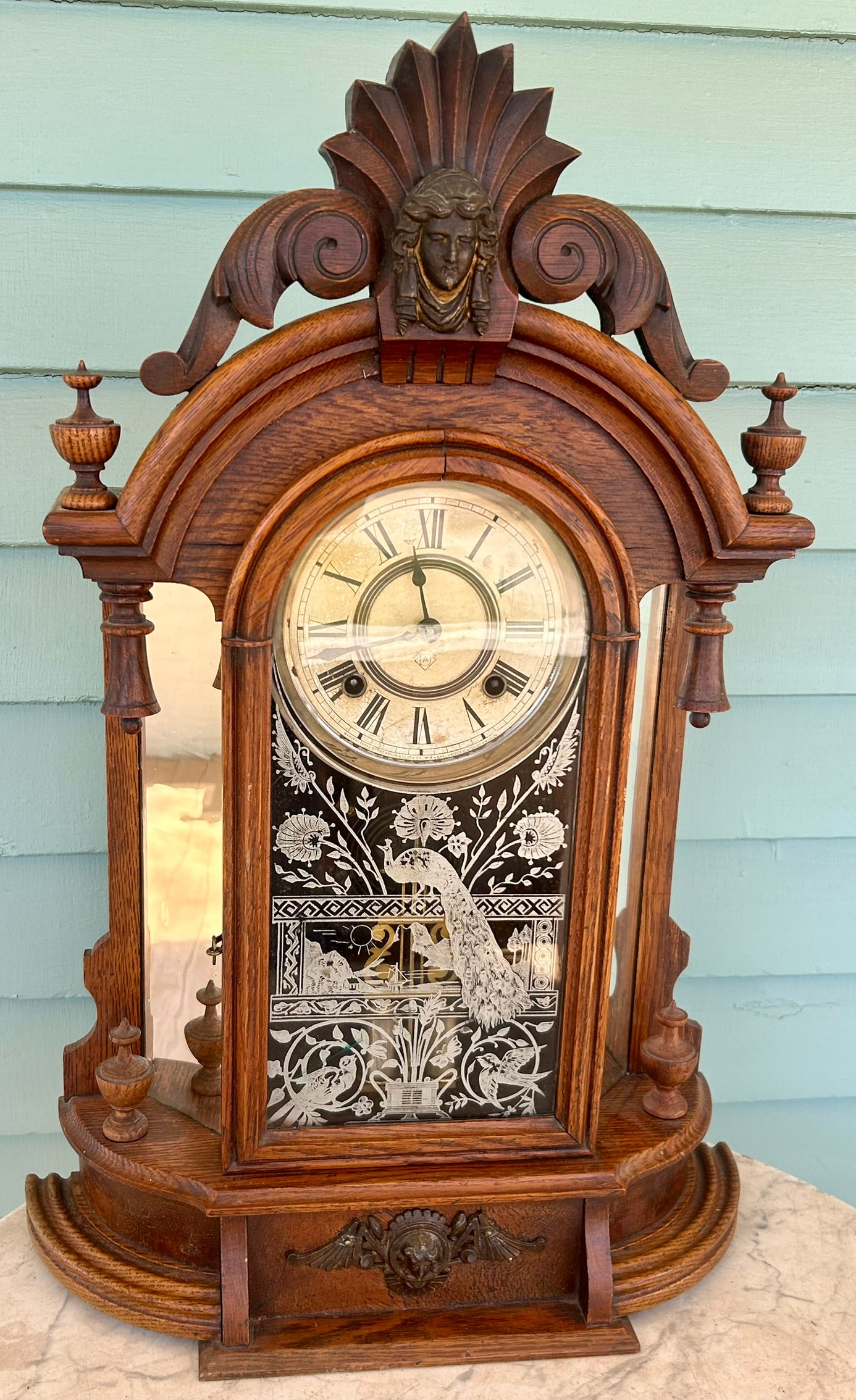 ANSONIA TRIUMPH MODEL CLOCK WITH PEACOCK GLASS