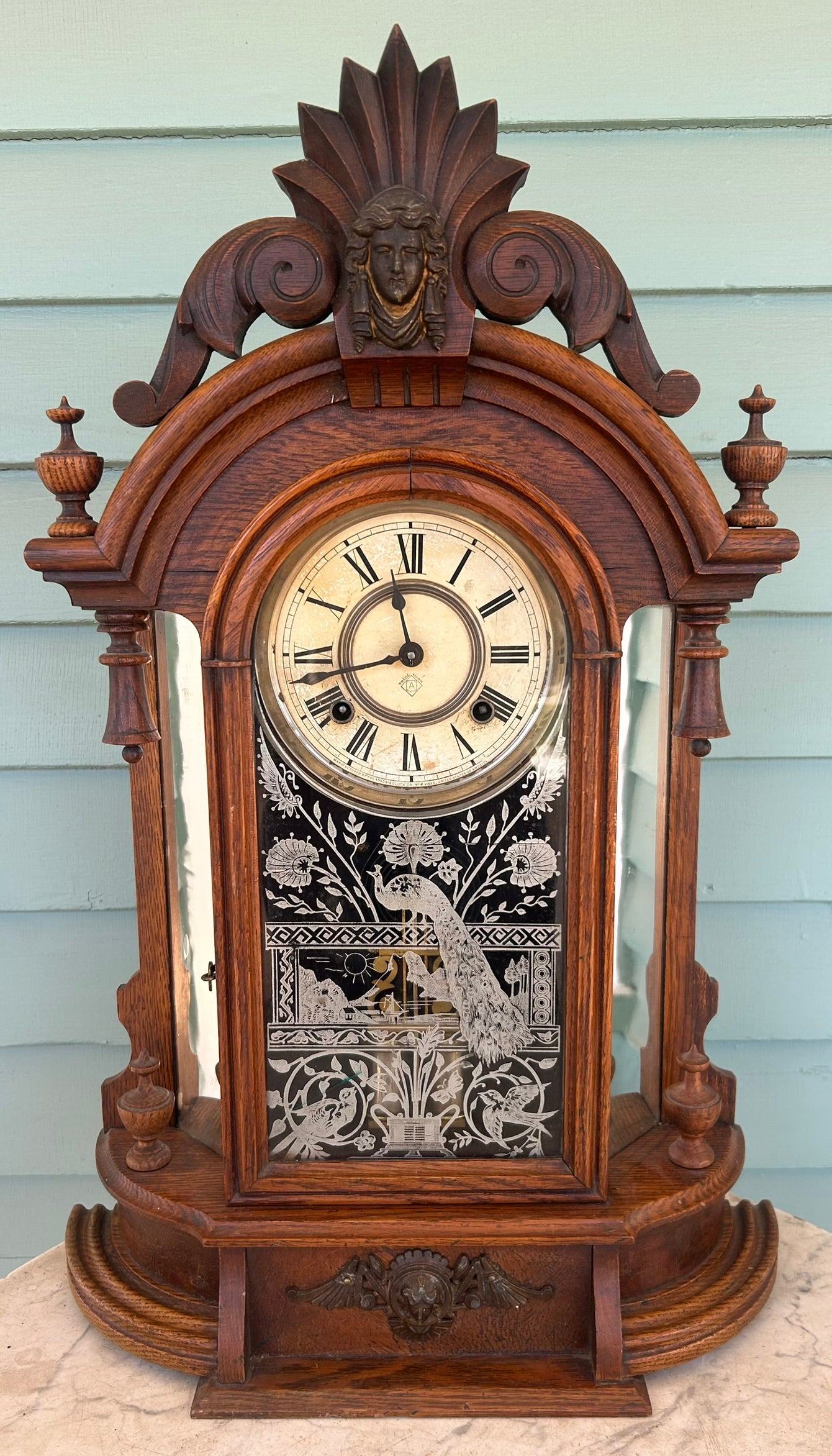 ANSONIA TRIUMPH MODEL CLOCK WITH PEACOCK GLASS