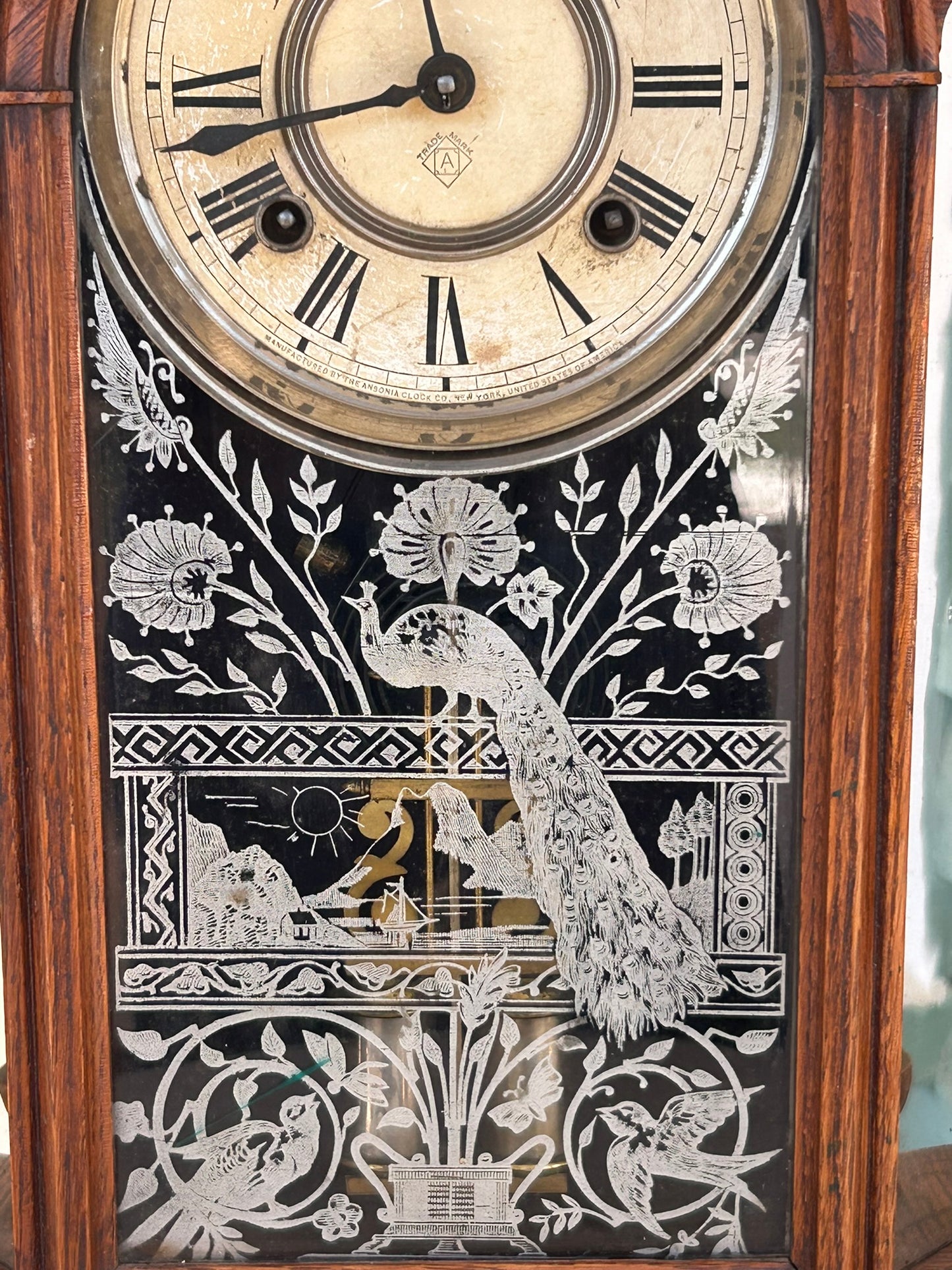 ANSONIA TRIUMPH MODEL CLOCK WITH PEACOCK GLASS