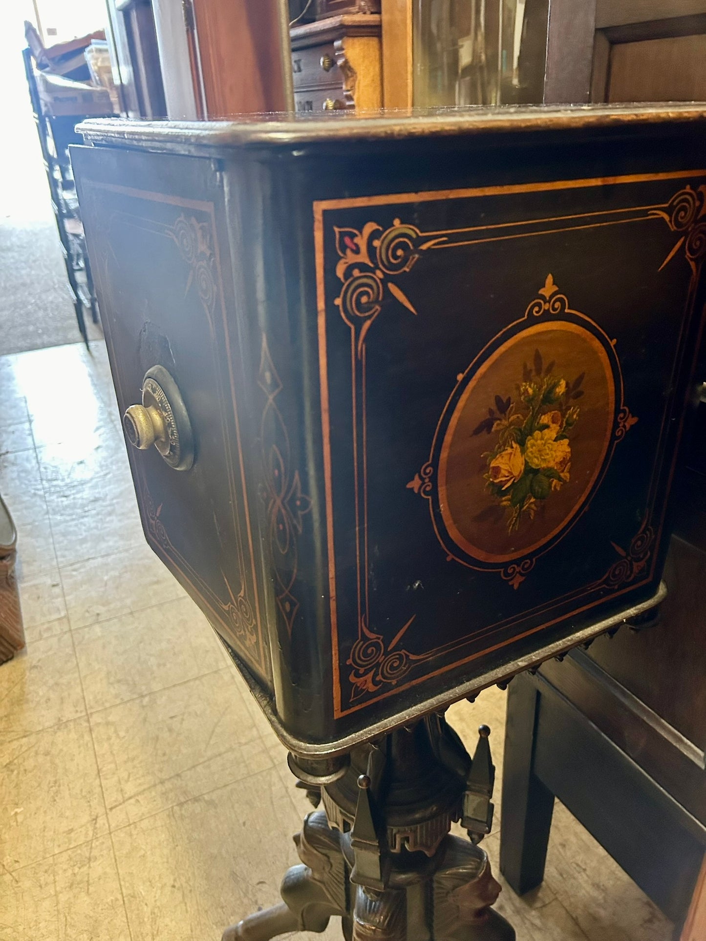 ANTIQUE SMALL CAST IRON "BROTHEL" SAFE WITH RARE EGYPTIAN REVIVAL DESIGN BASE - CALL OR TEXT FOR PRICE AND MORE INFORMATION