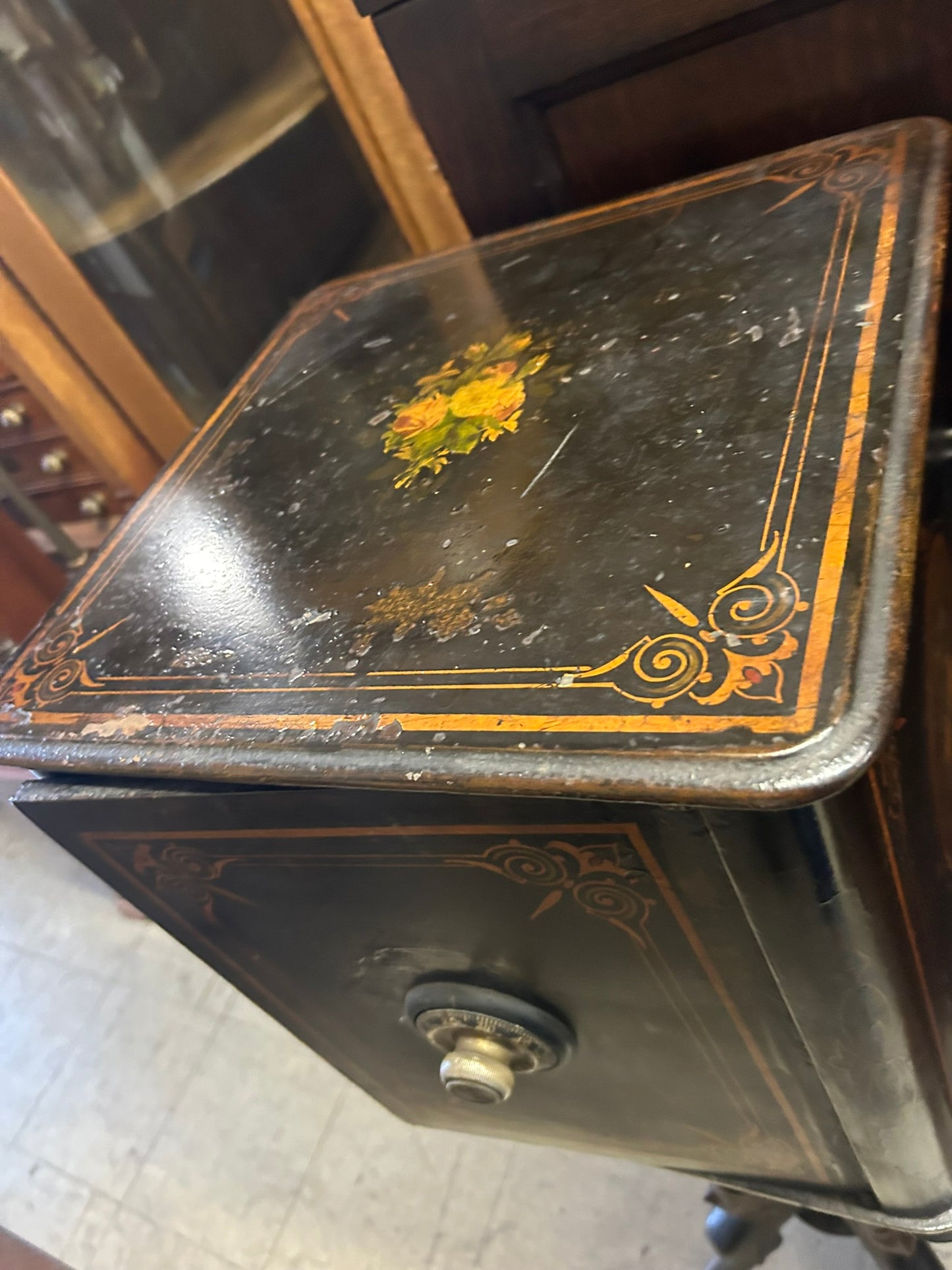 ANTIQUE SMALL CAST IRON "BROTHEL" SAFE WITH RARE EGYPTIAN REVIVAL DESIGN BASE - CALL OR TEXT FOR PRICE AND MORE INFORMATION