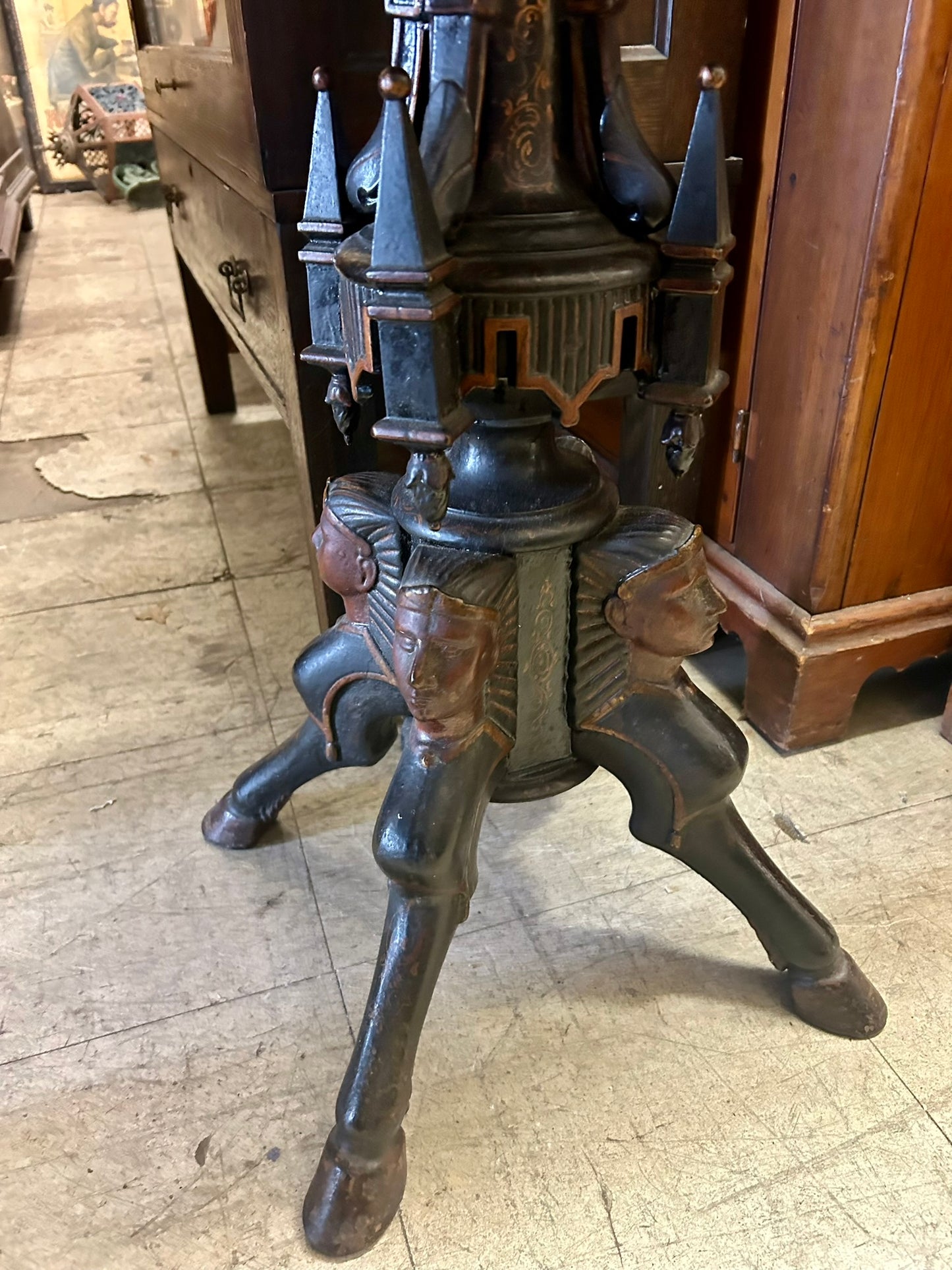 ANTIQUE SMALL CAST IRON "BROTHEL" SAFE WITH RARE EGYPTIAN REVIVAL DESIGN BASE - CALL OR TEXT FOR PRICE AND MORE INFORMATION