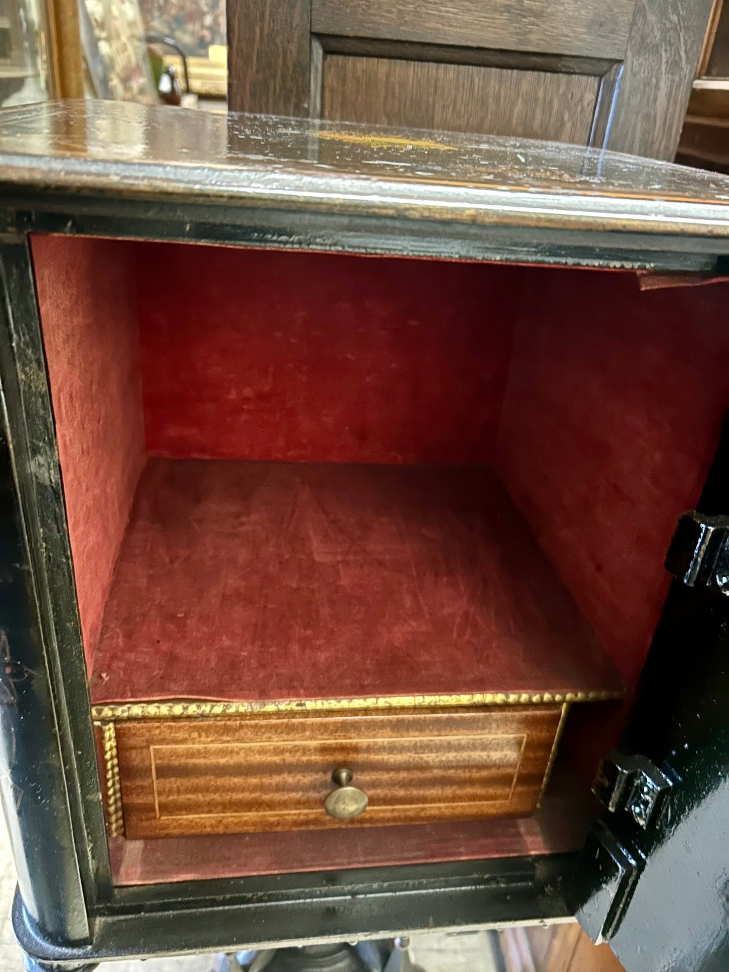 ANTIQUE SMALL CAST IRON "BROTHEL" SAFE WITH RARE EGYPTIAN REVIVAL DESIGN BASE - CALL OR TEXT FOR PRICE AND MORE INFORMATION