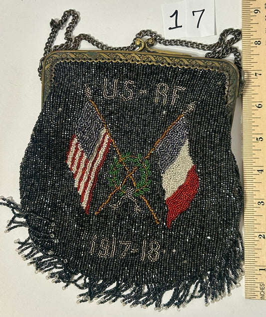 ANTIQUE BEADED PURSE WITH U.S. AND REPUBLIC FRANCE FLAGS 1917-1918