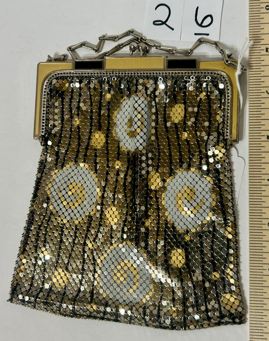 WHITING & DAVIS ENAMELED SILVER AND GOLD MESH PURSE WITH ENAMELED CIRCLES DESIGNS