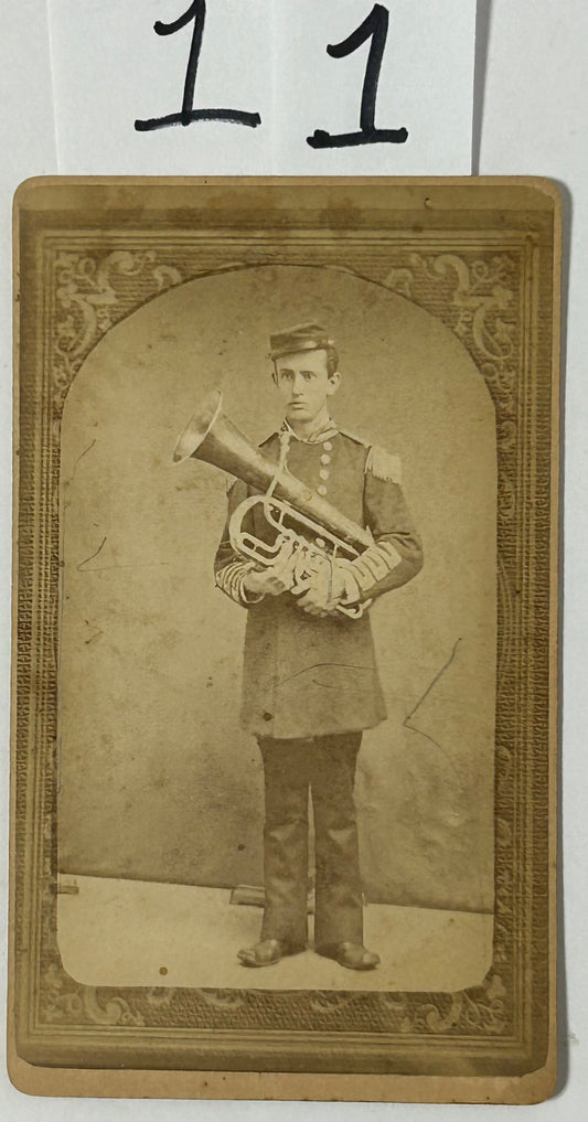 CIVIL WAR SOLDIER MUSICIAN WITH HORN CDV PHOTOGRAPH BY BLAIR NEBRASKA PHOTOGRAPHER