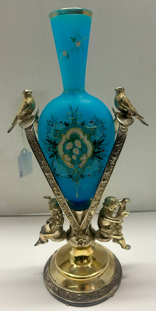 BLUE BRISTOL GLASS ANTIQUE VASE IN FIGURAL SILVERPLATE HOLDER