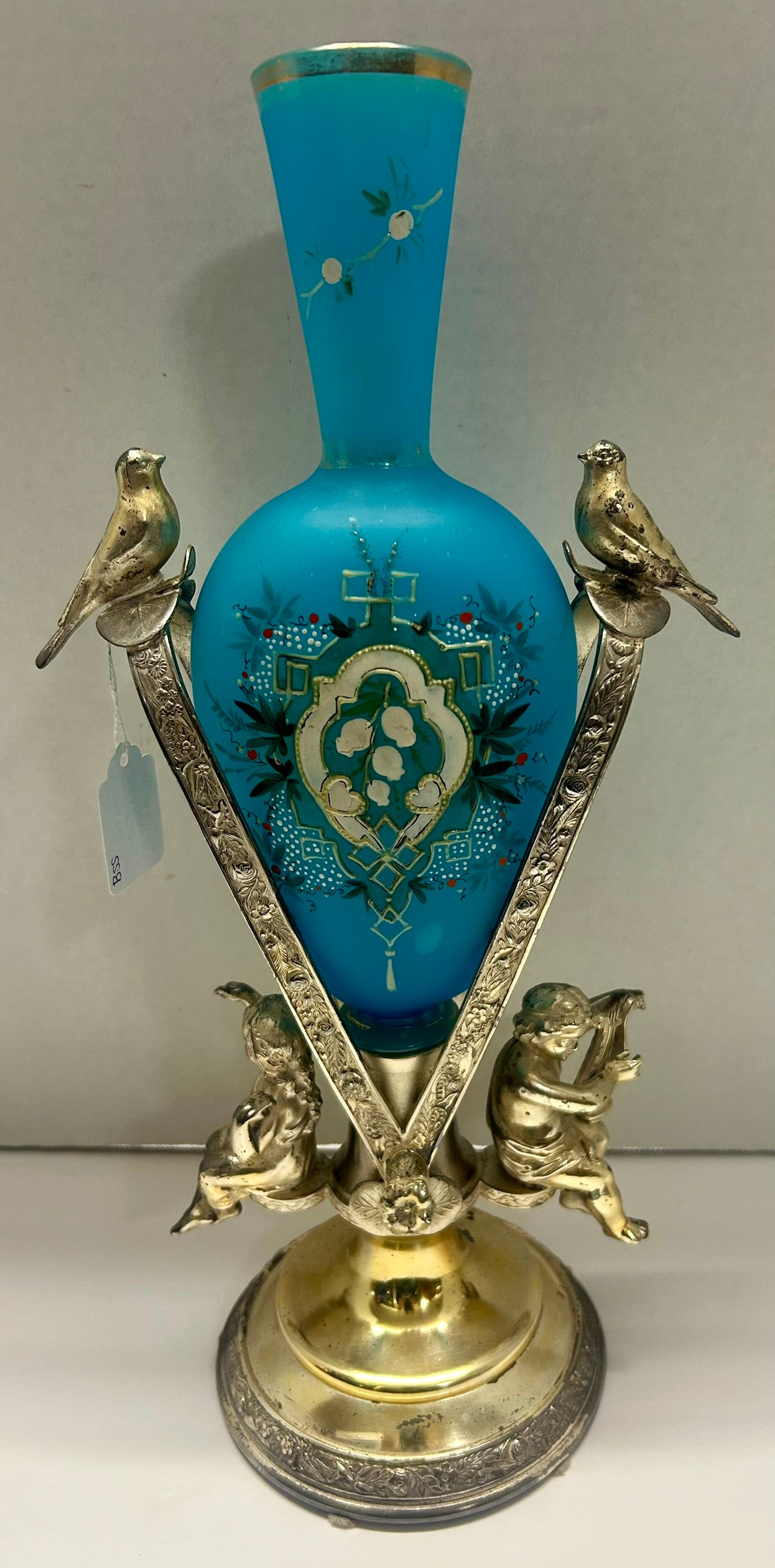 BLUE BRISTOL GLASS ANTIQUE VASE IN FIGURAL SILVERPLATE HOLDER