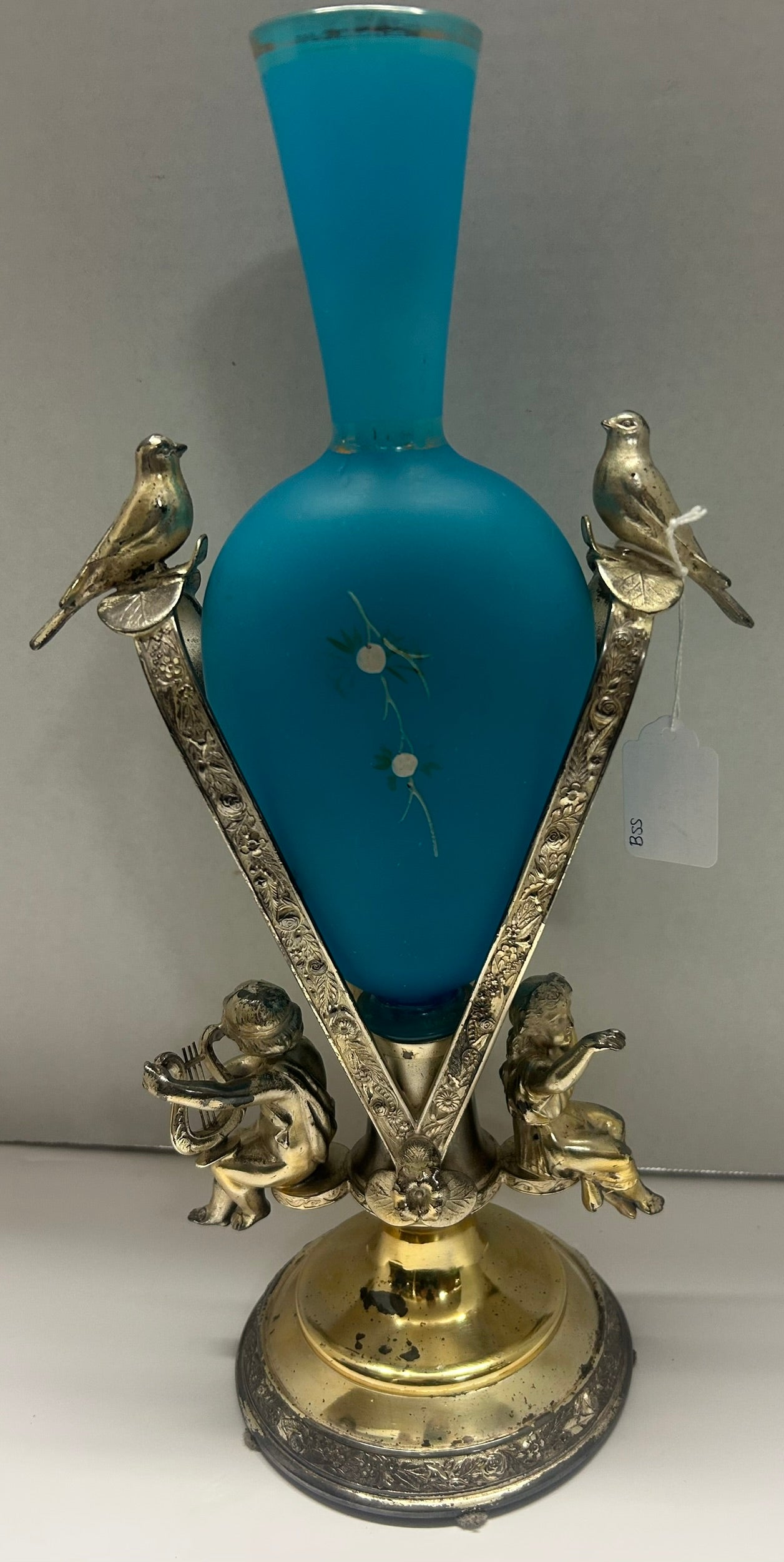BLUE BRISTOL GLASS ANTIQUE VASE IN FIGURAL SILVERPLATE HOLDER