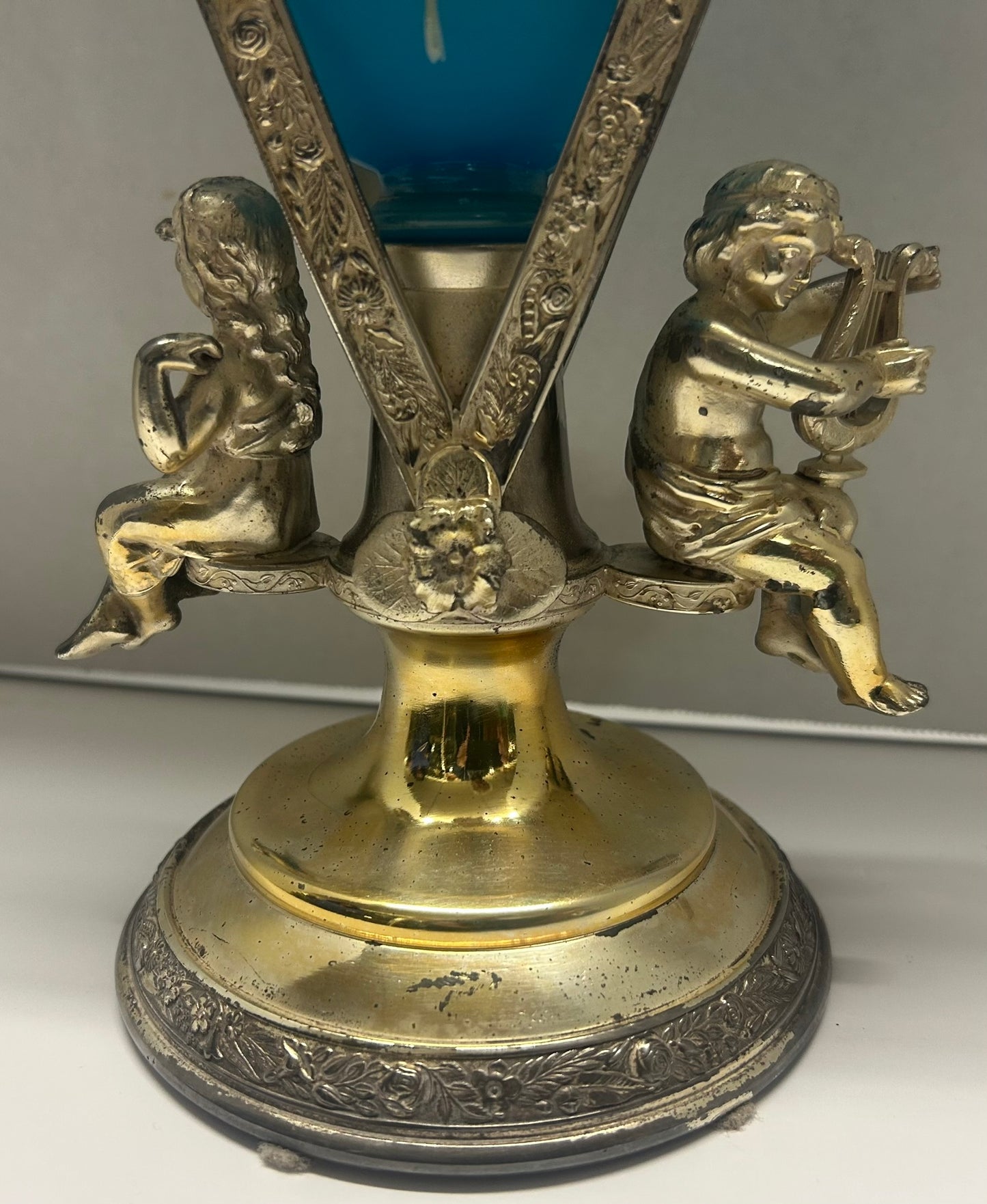 BLUE BRISTOL GLASS ANTIQUE VASE IN FIGURAL SILVERPLATE HOLDER