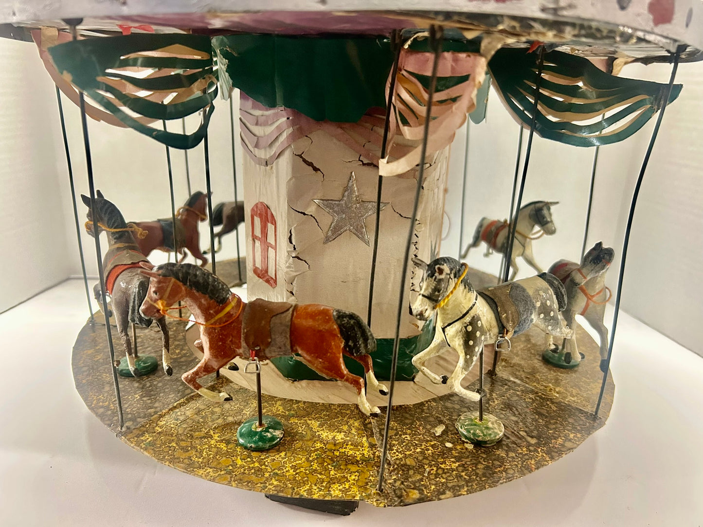 FOLK ART HAND MADE ANTIQUE MINIATURE CAROUSEL WITH GERMAN MADE HORSES