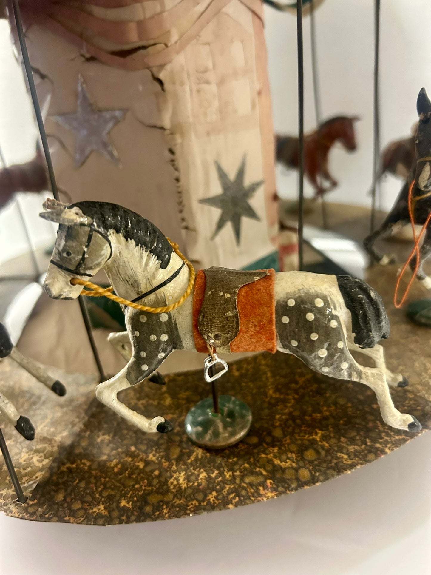 FOLK ART HAND MADE ANTIQUE MINIATURE CAROUSEL WITH GERMAN MADE HORSES