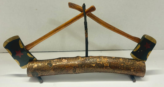 FOLK ART MINI WOOD DECORATED PAIR OF AXES ON LOG