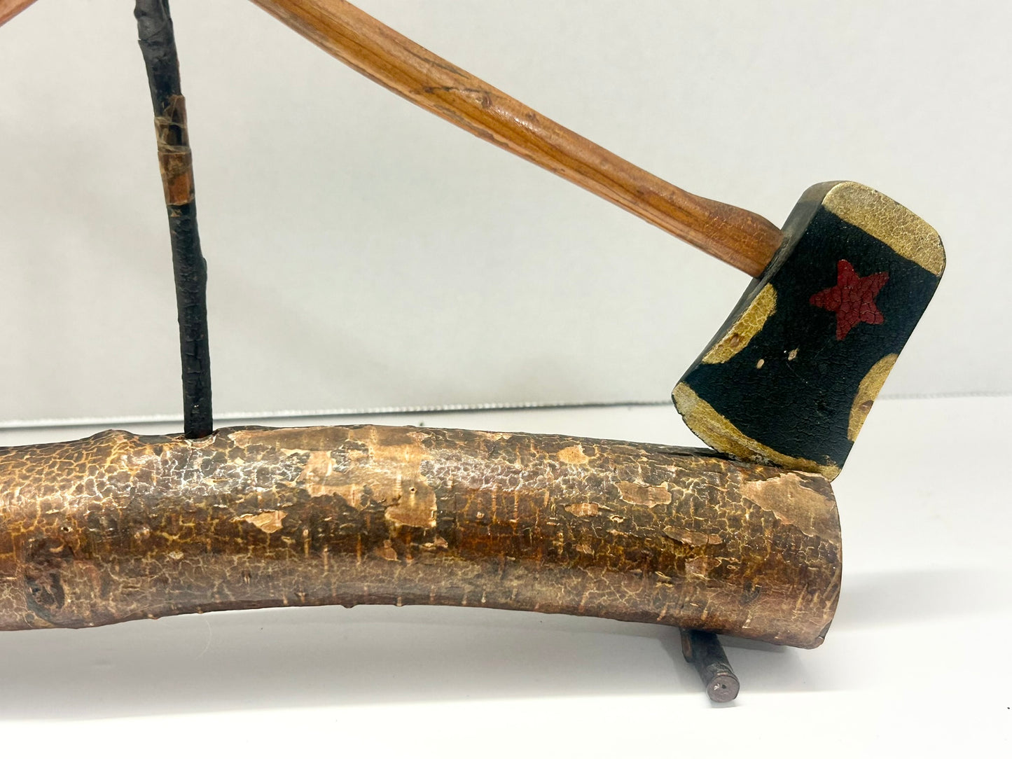 FOLK ART MINI WOOD DECORATED PAIR OF AXES ON LOG