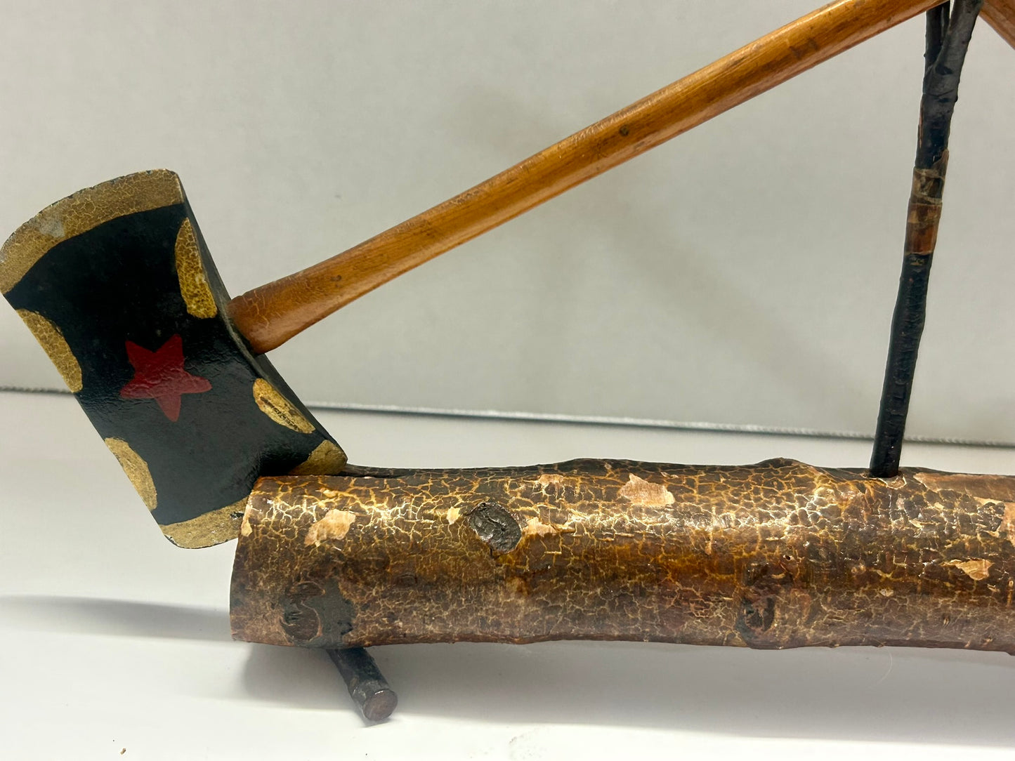 FOLK ART MINI WOOD DECORATED PAIR OF AXES ON LOG