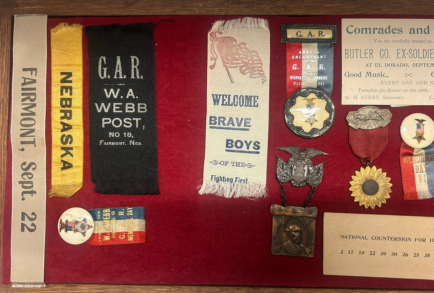 CIVIL WAR REUNION BADGES FOR NEBRASKA AND KANSAS INCLUDING PRISONERS OF WAR