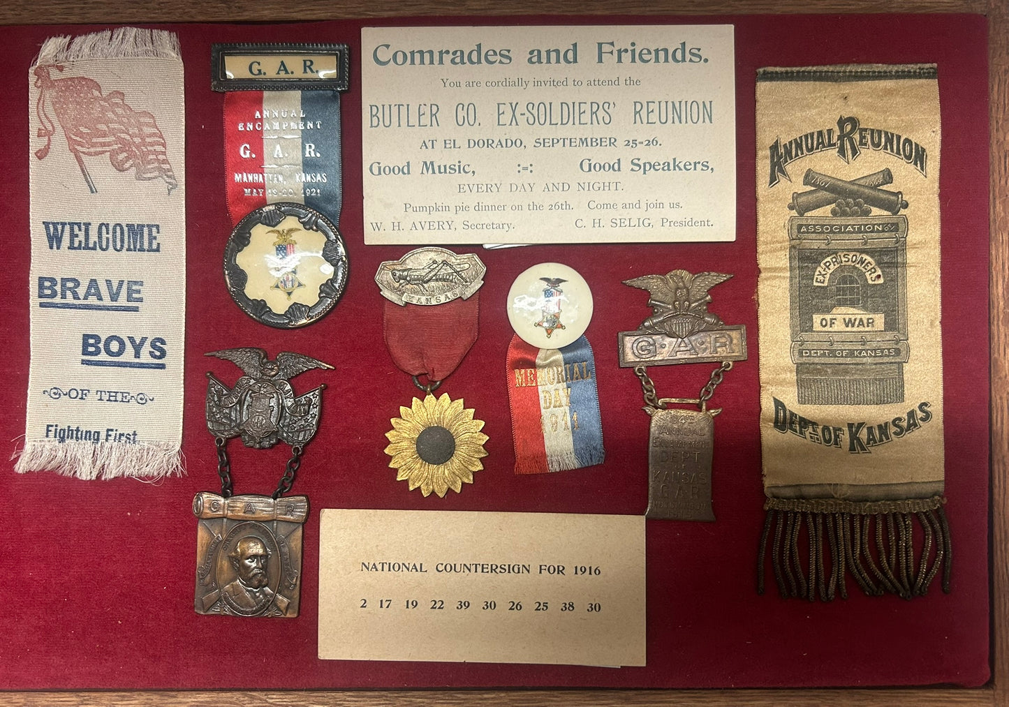 CIVIL WAR REUNION BADGES FOR NEBRASKA AND KANSAS INCLUDING PRISONERS OF WAR