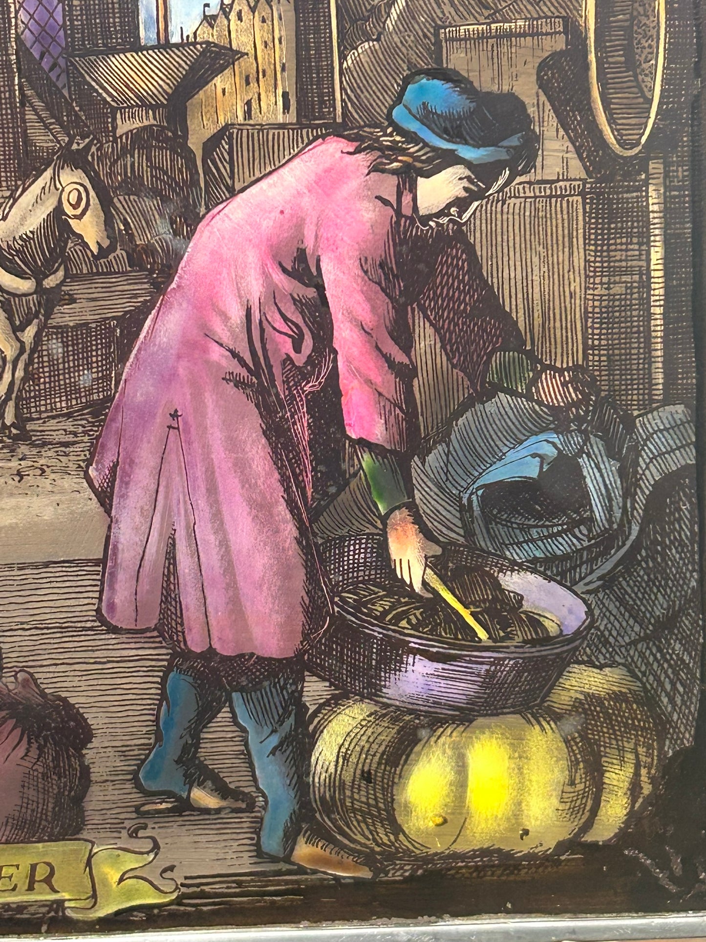 HAND DECORATED HANGING GLASS PANEL OF "GRUTTER" OR MILLER OCCUPATION