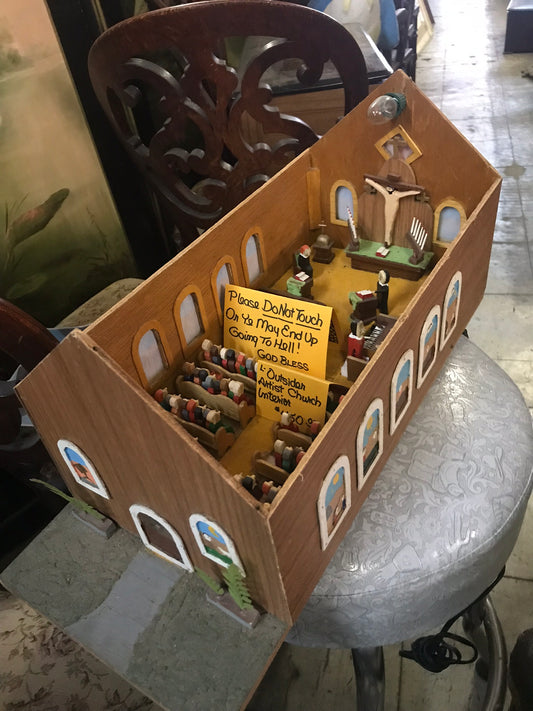 FOLK ART CHURCH INTERIOR WITH PEOPLE