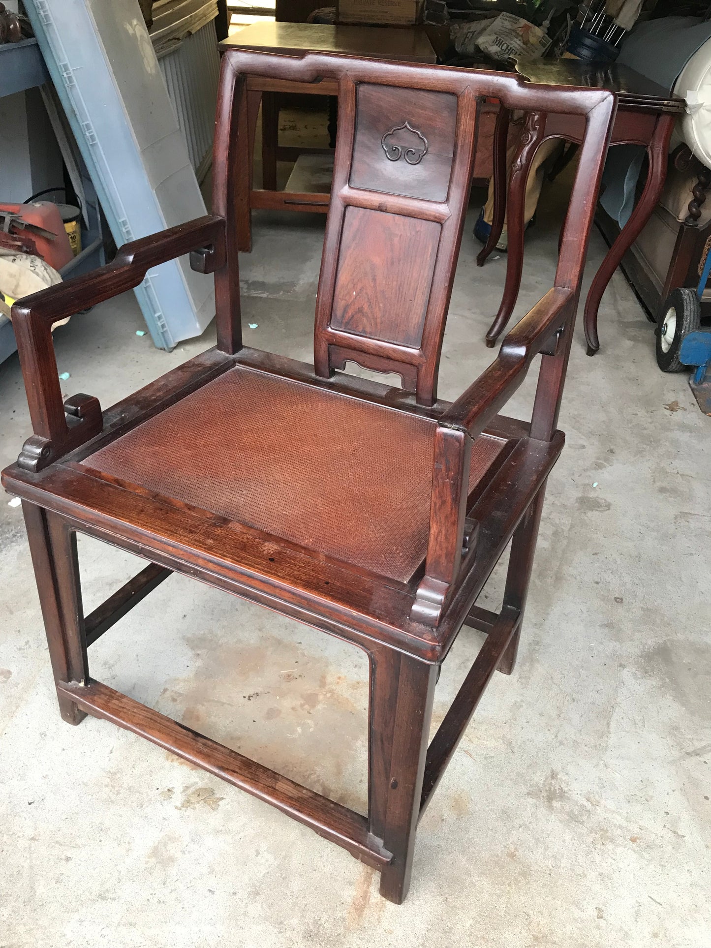 ANTIQUE ROSEWOOD CHINESE GAME TABLE AND FOUR CHAIRS