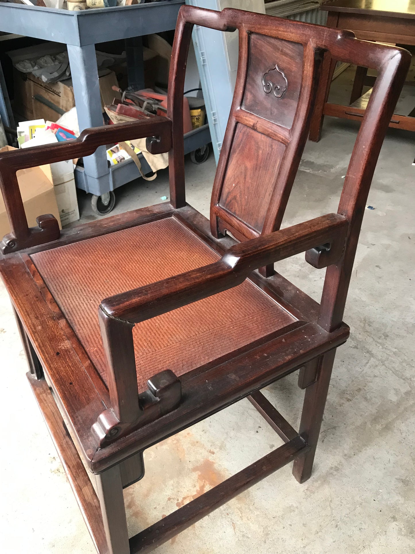 ANTIQUE ROSEWOOD CHINESE GAME TABLE AND FOUR CHAIRS
