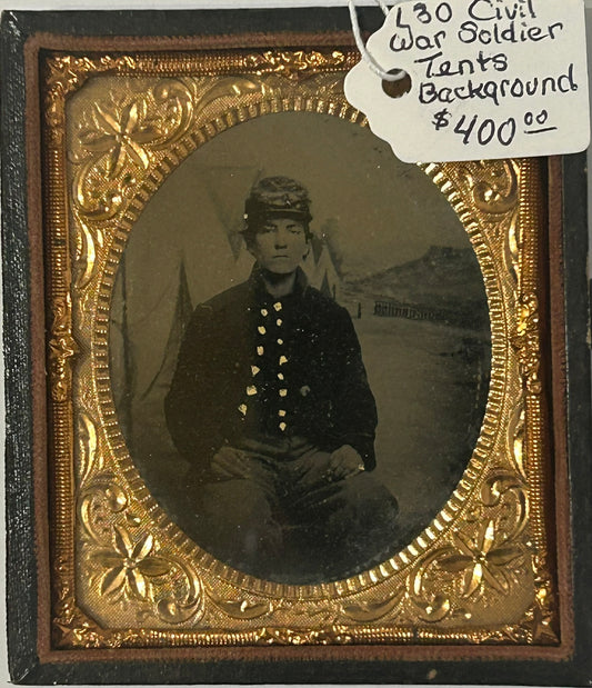 CIVIL WAR SOLDIER WITH TENT BACKGROUND TINTYPE PHOTOGRAPH