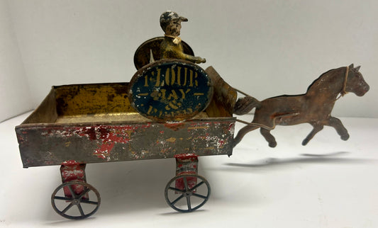 EARLY AMERICAN TIN TOY FLOUR, HAY, & FEED, HORSE DRAWN DELIVERY WAGON